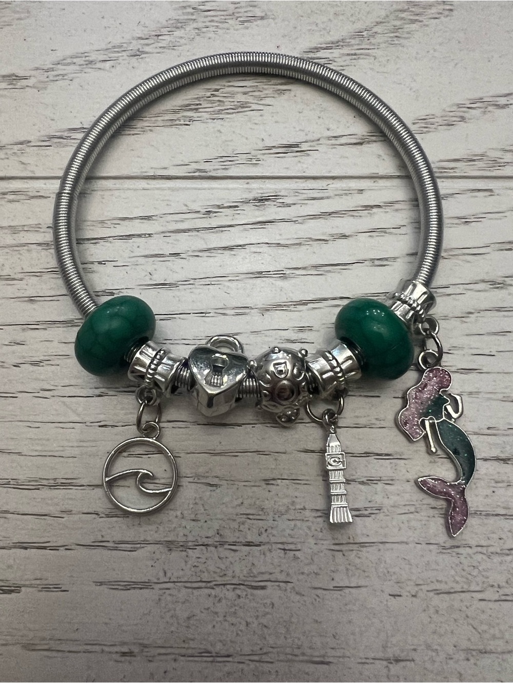 Mermaid Coastal Charm Bracelet Green Beads Turtle Wave Silver Tone Pandora Style